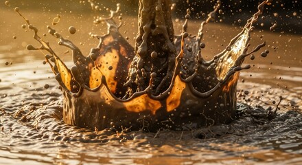 A dynamic mud splash forming a crown and central column releases numerous droplets into golden-lit air above a murky surface