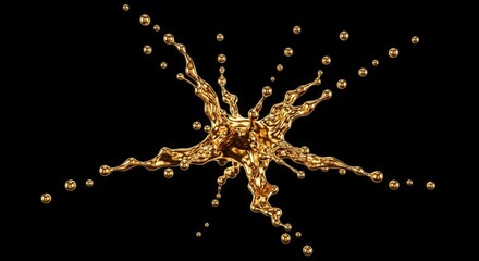 A dynamic splash of metallic golden liquid forms a starburst pattern against a pure black background with numerous shimmering droplets scattering outwards