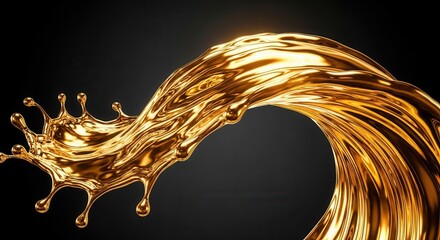 A dynamic splash of reflective golden liquid curves against a dark background forming droplets and a crown-like shape