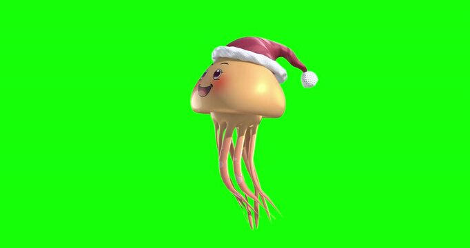 The looped 3D animation features a charming jellyfish cartoon, dressed in a Santa hat, gently floating against a green screen background, with a luma matte at the end. 