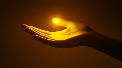 3D rendering of a glowing open palm silhouette, symbolizing a helping hand, the gift of fate, and divine will, ideal for spiritual, inspirational, or conceptual designs.
