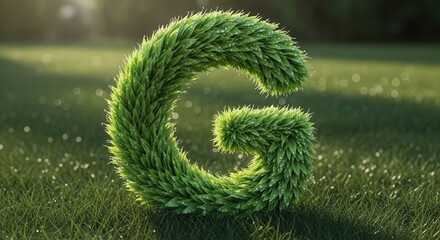 A large capital letter G formed from fresh green leaves covered in dew drops stands on a sunlit lawn with a blurred background