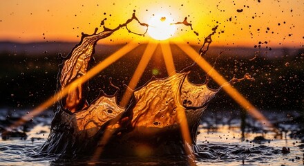 A large splash of dark liquid rising from a surface illuminated by the setting suns rays against an orange sky Many droplets scatter around