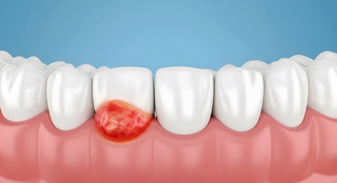 3D illustration of a row of white teeth with red, inflamed gingivitis or periodontal disease affecting the gum tissue