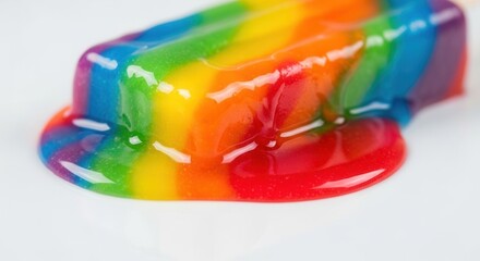 A melting vibrant multi-colored frozen dessert with stripes creating glossy puddles on a pristine white surface