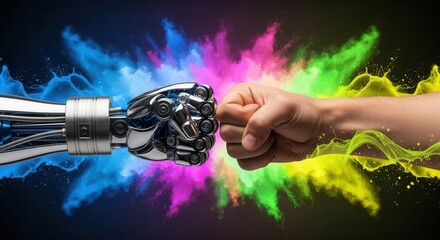 A metallic robotic fist and a human fist are positioned close surrounded by a dynamic burst of multi-colored powder and liquid