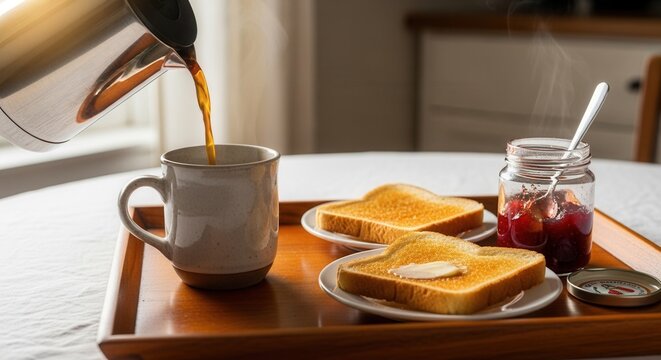 A metal carafe pours hot coffee into a ceramic mug on a wooden tray alongside buttered toast slices and a steaming jar of fruit jam