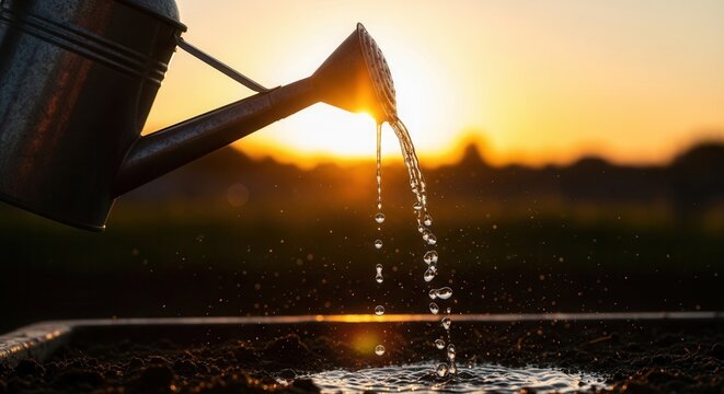 A metal watering can pours water onto rich dark soil illuminated by a warm golden sunset sky with a blurry horizon Water droplets splash