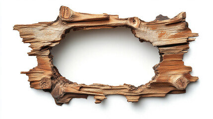 Wooden wall with a hole, broken plank revealing a white transparent background, decorative frame concept for design, construction, or DIY illustration.