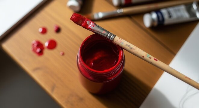 A paint-laden brush rests atop an open red paint jar alongside red splatters on a wooden surface with blurred tubes and brushes nearby