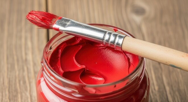 A paintbrush with red bristles rests on a clear glass jar filled with thick vibrant red paint set against a wooden background - Powered by Adobe