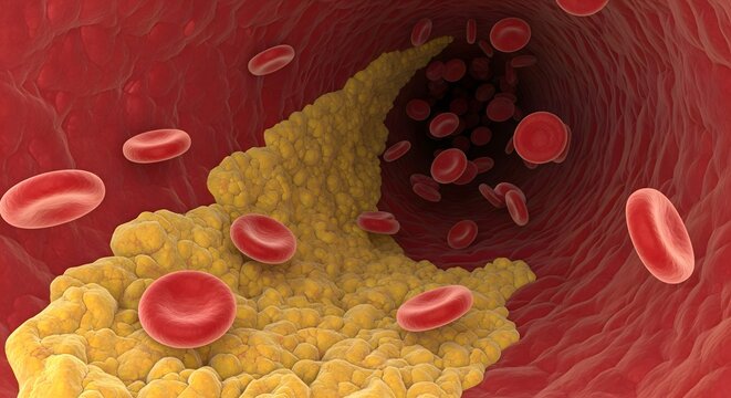 A 3D rendering of atherosclerosis showing a thick yellow plaque buildup inside a red artery, constricting blood flow and illustrating cardiovascular risk