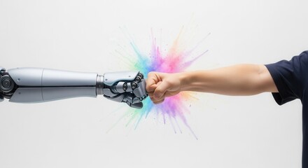 A robotic arm and a human arm meet in a fist bump creating a colorful powder explosion against a white background