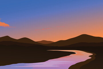 Fototapeta premium A peaceful landscape showing mountains a river and a colorful sunset