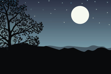 Silhouette of a tree and hills under a bright full moon at night