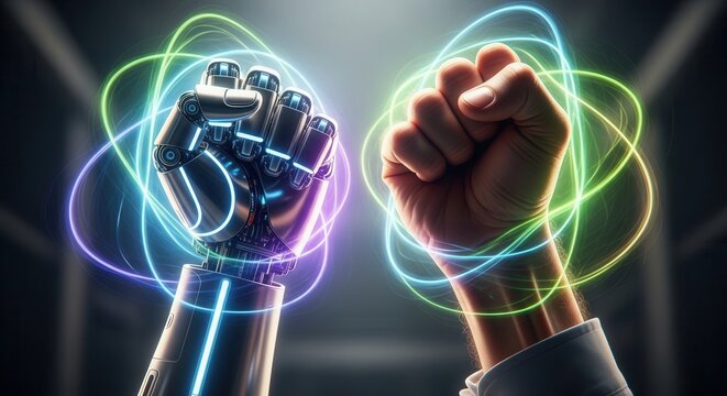 A robotic fist and a human fist are clenched both encircled by vibrant glowing energy lines in blue purple and green against a dark background