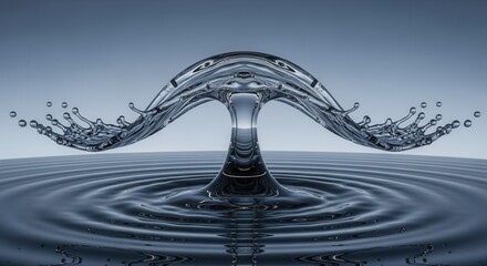 A symmetrical liquid splash forms an arching structure with scattering droplets rising from a rippled surface against a soft muted background