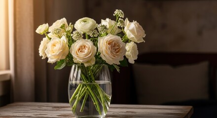 Obraz premium Elegant white floral bouquet in glass vase on distressed wood, sunlit interior