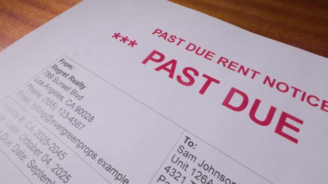 Close up of past due rent notice on table financial stress concept 1