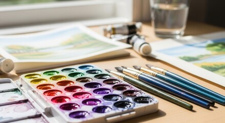 A vibrant array of art supplies including a colorful paint palette brushes and tubes rests on a wooden surface beside painted papers and a glass of water