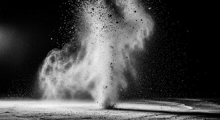 A vibrant burst of fine white powder erupts from a textured surface casting shadows with numerous particles suspended in air against a stark dark background