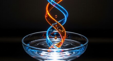 A vibrant double helix structure glowing blue and orange descends into a clear glass bowl containing liquid with ripples and reflections set against a dark background