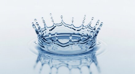 A vibrant blue water splash forms a crown shape with droplets suspended reflected on a calm surface against a light background