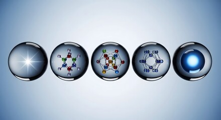 Abstract scientific molecular structure models inside clear glass spheres demonstrating chemistry research and innovation across a soft blue background