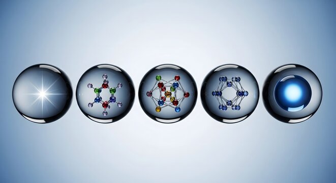 Abstract scientific molecular structure models inside clear glass spheres demonstrating chemistry research and innovation across a soft blue background