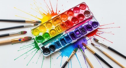 A vibrant watercolor paint palette and various paintbrushes are arranged on a white surface surrounded by colorful paint splatters