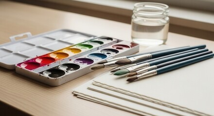 A vibrant watercolor paint set various paintbrushes stacked white paper sheets and a clear jar of water rest on a wooden surface by a window