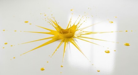 A vibrant yellow liquid splash forms a crown with radiating streaks and scattered droplets on a smooth light-colored surface