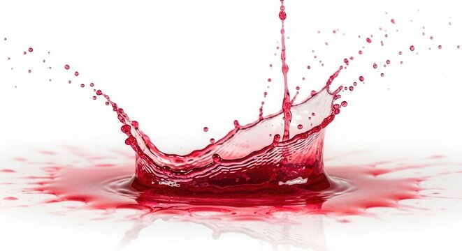 A vibrant red liquid creates an intricate crown-like splash with numerous droplets scattering against a bright white background reflecting on the surface below