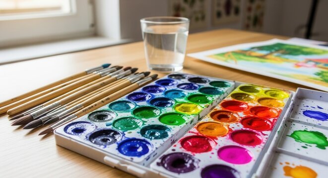 A vibrant watercolor paint set various brushes and a glass of water are arranged on a wooden table with an artwork in the background