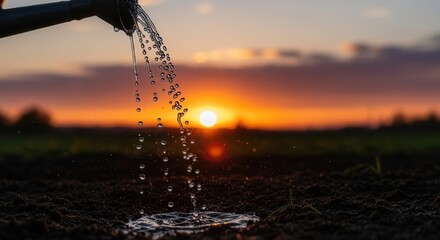 A watering can pours water onto dark soil at sunset with a vibrant orange sky and the sun low on the horizon Water droplets splash