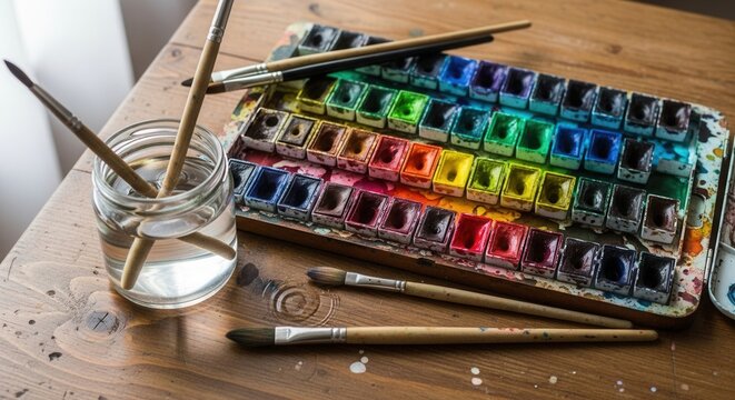 A well-used watercolor paint palette with numerous vibrant color blocks several paintbrushes and a glass jar of water resting on a rustic wooden surface with paint splatters