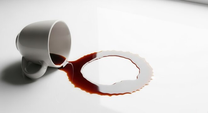 A white ceramic cup is tipped over on a bright reflective surface spilling dark brown liquid into an irregular ring pattern