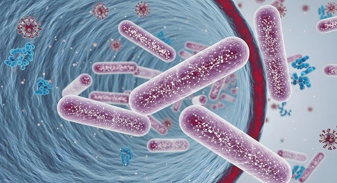 An illustration of large purple probiotics or bacteria moving through a blue blood vessel alongside smaller viruses, representing gut health, microbiome, and immune system