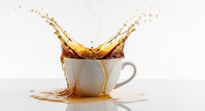 A white ceramic cup overflows with a dark brown liquid creating dynamic splashes upward streams and a puddle on a white surface