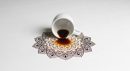 A white mug lies tipped over on a light surface spilling dark liquid that forms an intricate symmetrical brown design