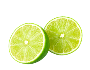 Two halves of a bright green lime on a black background