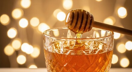 A wooden dipper drips golden honey into a textured glass against a warm blurred background with luminous circular lights