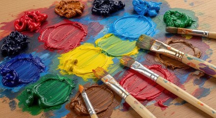 A wooden palette displays blobs and strokes of vibrant paint colors like red yellow blue and green alongside several paintbrushes