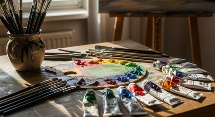 A wooden table displays paintbrushes a colorful paint palette and paint tubes illuminated by warm light
