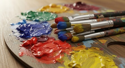 Obraz premium A wooden palette displays thick globs of vibrant paints in various colors alongside several paint-stained brushes on a textured surface