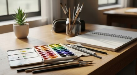 A wooden table hosts a watercolor paint set various brushes an open spiral notebook and a potted succulent by a window