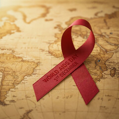 World AIDS Day Awareness Ribbon on a Vintage World Map