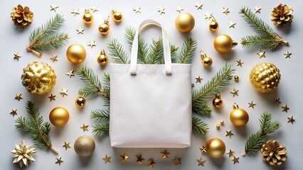 White Shopping Bag with Golden Handles Surrounded by Holiday Items