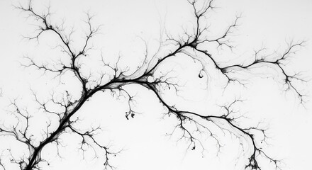 Obraz premium An abstract black and white image displays intricate branching patterns resembling organic veins or roots spreading across a bright uniform background