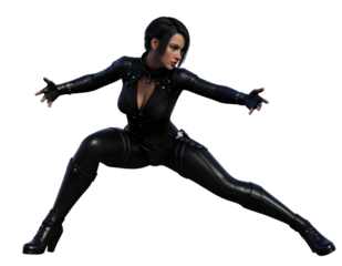 Woman in Black Leather Suit in Action Pose female person